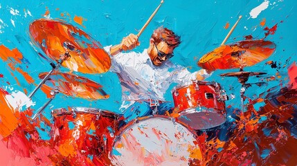 Poster - Vibrant Drummer Amidst Colorful Swirls, original acrylic artwork, dynamic composition, energetic rhythm, expressive brushstrokes, captivating visual experience, lively atmosphere
