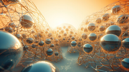 Poster - Abstract scfi-fi landscape with connected 3D balls and molecular grid structure. Futuristic surreal abstraction.