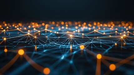 Poster - Abstract network with glowing orange and blue nodes interconnected by lines on a dark background, representing technology and data connections