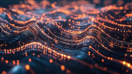 Poster - Vibrant waves of light and energy flow through a digital landscape at night, illustrating the beauty of technology and data in a mesmerizing display