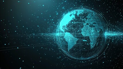 Poster - A digital representation of Earth illustrating global connectivity with a network of lines and data points floating in a dark space, showcasing advanced technology and modern communication
