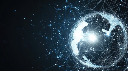 Poster - A digital representation of Earth with interconnected lines and nodes, illustrating global connectivity and technology in a dark background during a futuristic theme