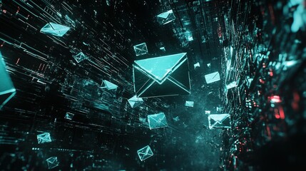 Poster - Digital representation of floating email icons amidst a technological backdrop, illustrating the concept of electronic communication in a futuristic, high-tech environment