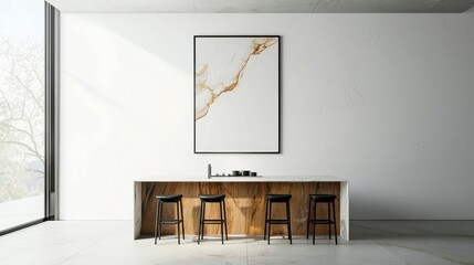 Poster - Kitchen Interior with Mock-up Poster Frame, inviting atmosphere, modern design, empty wall space for personalization, warm color palette, stylish decor elements, 3D rendering.