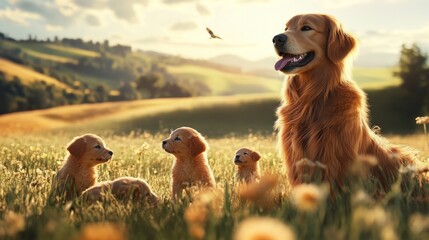 Wall Mural - Golden Retriever Family Enjoying a Sunny Day