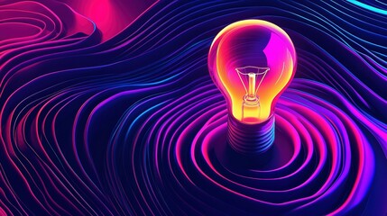 A glowing light bulb sits at the center of vibrant, swirling waves of color, showcasing a fusion of technology and creativity in a digital landscape