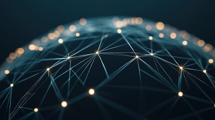 Poster - A close-up view of a network of glowing points connected by lines, resembling a digital representation of a globe, illustrating connectivity and technology