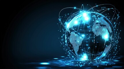 Poster - Digital representation of a glowing world map interconnected with lines, illustrating global connectivity and communication technology at night