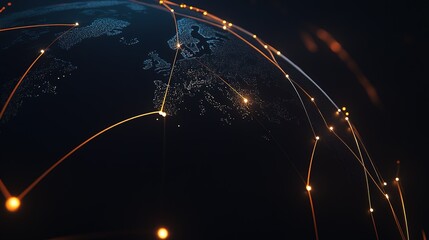 Poster - A close-up view of Earth illuminated by city lights, highlighting global connectivity with glowing lines representing the internet and telecommunications at night