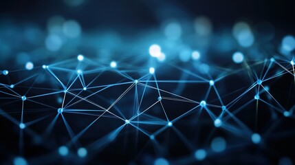Poster - A dynamic network of interconnected blue lines and nodes representing technology and data flow at night