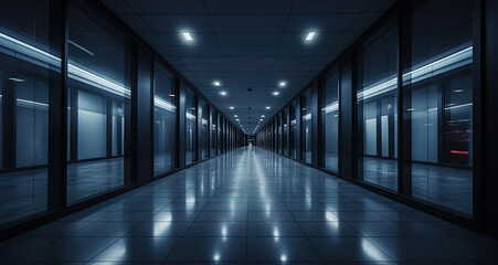 Poster - Office building interior with long hall and doors. Empty office corridor with lamps and glass decorations.