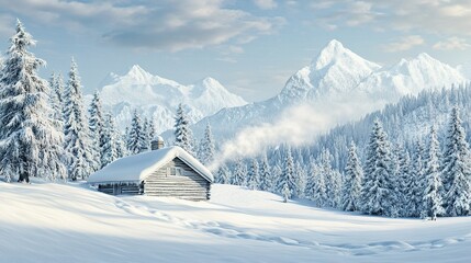 A charming log cabin nestled in a serene winter landscape, surrounded by tall snow-covered trees and majestic mountains during a clear day