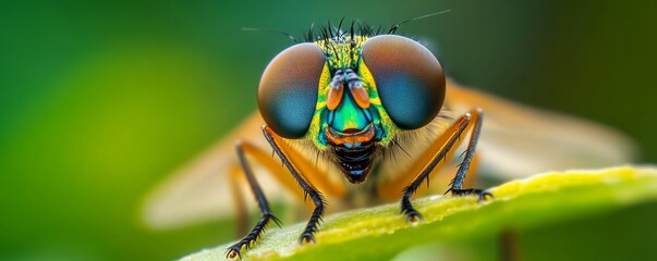 Close-up of a colorful fly with large eyes on a green leaf, nature macro photography concept