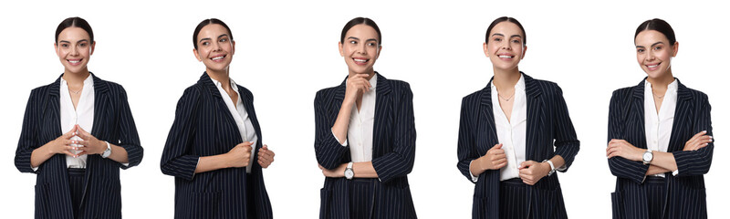 Canvas Print - Beautiful businesswoman in suit on white background, collage of portraits