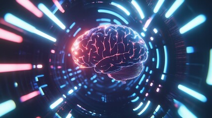 Poster - A vibrant, glowing human brain surrounded by colorful neon lights in a futuristic tunnel design, illustrating concepts of thought, consciousness, and technology