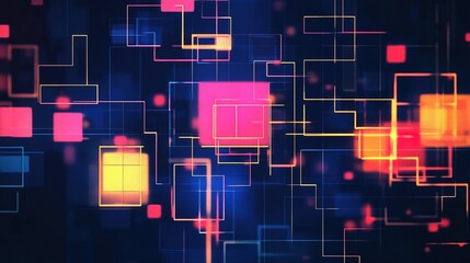 Poster - Colorful abstract geometric patterns with glowing squares and lines on a dark background during a digital art display