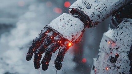  A futuristic human warrior with a glowing robotic arm, with the background depicting a high-tech city.