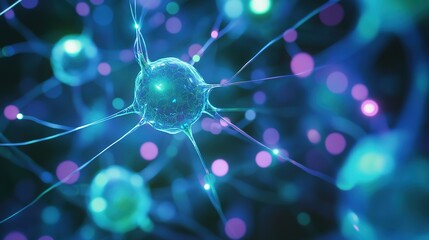 Poster - Close-up of vibrant neurons in a dynamic network showcasing interconnections under a glowing light in a dark environment