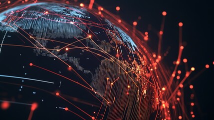 Poster - A glowing globe surrounded by dynamic red lines representing digital connectivity, showcasing the interconnectedness of our global network in a futuristic perspective