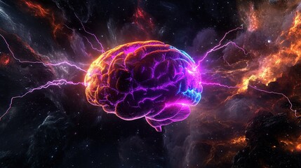 Poster - A vibrant and colorful depiction of a human brain surrounded by cosmic elements and energy bursts represents the fusion of intellect and the universe's mysteries