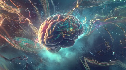 Poster - A vibrant digital illustration of a brain surrounded by colorful neural connections and energy patterns in a surreal cosmic environment at night