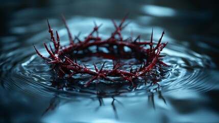 Poster - A striking crown of thorns floats gently on calm water, ripples radiating outward as light glimmers off its intricate design, creating a moment of reflection
