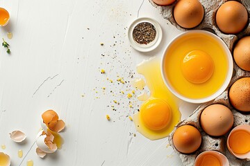 Top view and close up image of organic chicken eggs, they are one of the food ingredients on the white table in the kitchen to prepare for cookingwith copy space isolated on white