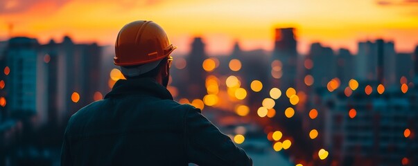 Construction worker wearing a helmet looking at a cityscape during sunset, urban development concept