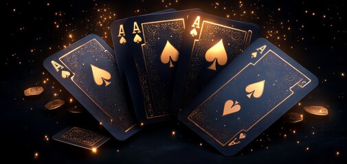 Golden Ace of Spades A Luxurious Gamble Closeup perspective of four Aces black background with gold accents glimmering lights