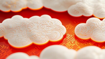 Poster - decorative white clouds with intricate patterns floating on a bright orange background