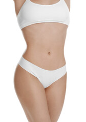 Poster - Woman with slim body posing on white background, closeup