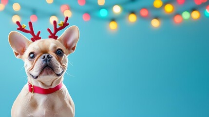 Festive dog with antlers, holiday lights background, 3D illustration