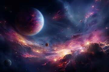 Wall Mural - Cosmic Nebula with Planets and Stars: A Journey Through the Galaxy