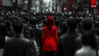 © Jayk - Young, distinctly red coat girl in the middle of a big, blique, colorless, black and white crowd of people