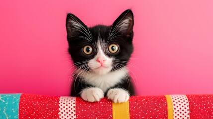 Poster - Cute Black and White Kitten with Big Eyes on Pink Background.