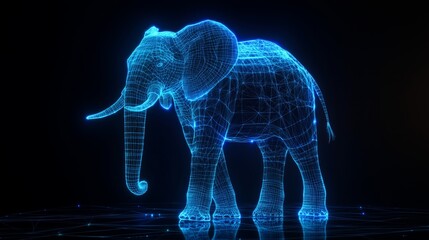 Poster - A digital hologram of an elephant illuminated against a dark background with glowing blue lines and shading, showcasing intricate details of its form