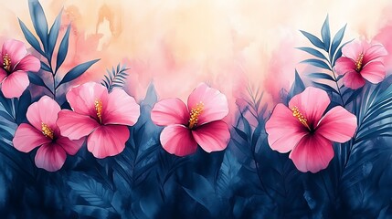 A row of pink hibiscus flowers with blue leaves against a soft sunset background.