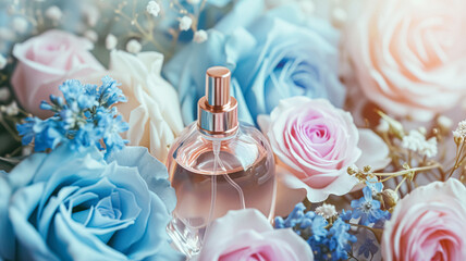 Wall Mural - Perfume bottle in flowers, fragrance on blooming background, floral scent and cosmetic product idea