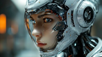 Wall Mural - Futuristic Woman in Helmet, Cyborg  Sci Fi  Cyberpunk, AI  Technology.