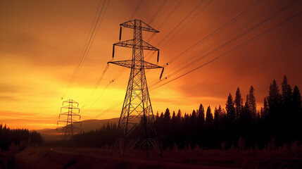 Electricity power pylons over sunset