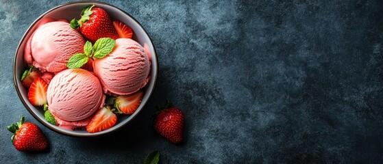 Strawberry Ice Cream Scoops in a Bowl with Fresh Strawberries and Mint