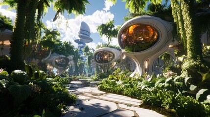 Poster - Futuristic Cityscape with Lush Vegetation and Circular Buildings