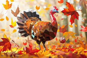 Wall Mural - low poly Thanksgiving illustration, where elements like turkeys, pumpkins, and leaves are rendered in a polygonal style with geometric shapes