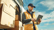 © Anoo - A worker in a yellow vest reviews details on a tablet, ready to load cardboard boxes from his delivery van under a clear blue sky