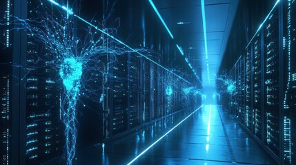 Poster - Blue Glowing Lines in a Server Room with Data Flow