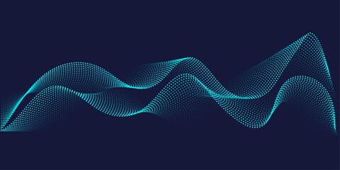 Poster - Flowing dots particles wave pattern in blue green colors. Vector curve light line. Abstract background banner design for music, Ai technology, neural network concept