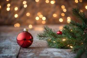 Close-up of red Christmas ornament and pine branch with festive lights. Generative AI