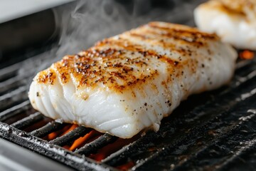 Wall Mural - Grilling fresh fish fillets on an outdoor barbecue during a sunny afternoon