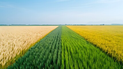 Beautiful and colourful abstract landscape, with rolling hills, green wheat fields and yellow rape fields