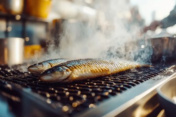 Grilled fish garnished with smoke on a barbecue grill during sunset at a seaside market